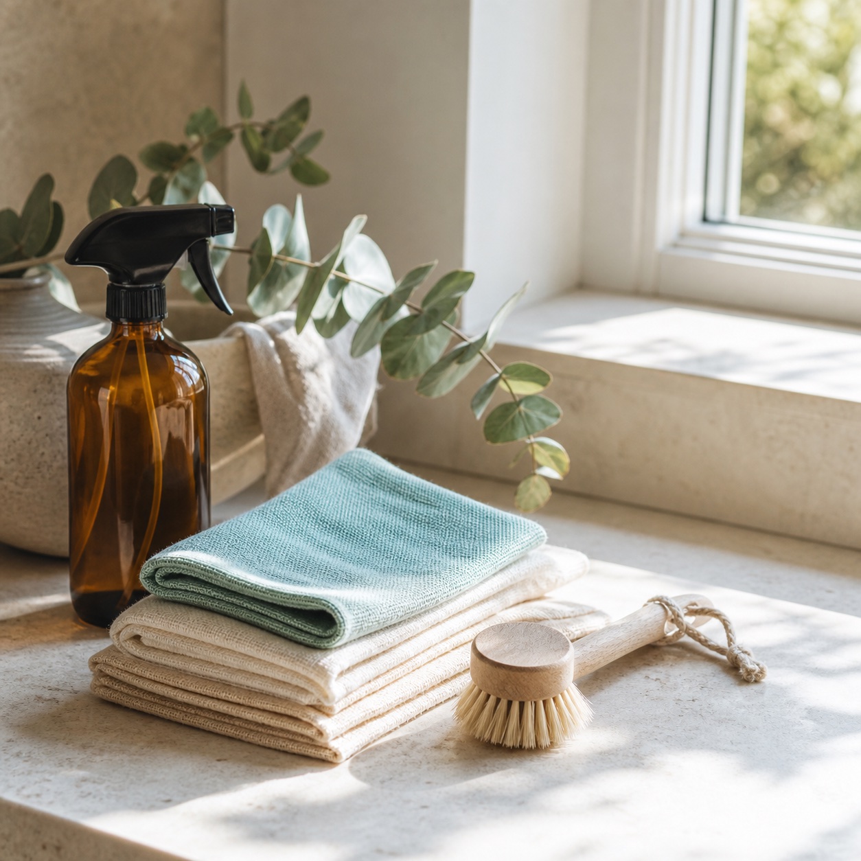 Natural cleaning cloths, an amber spray bottle and wooden brush in morning light